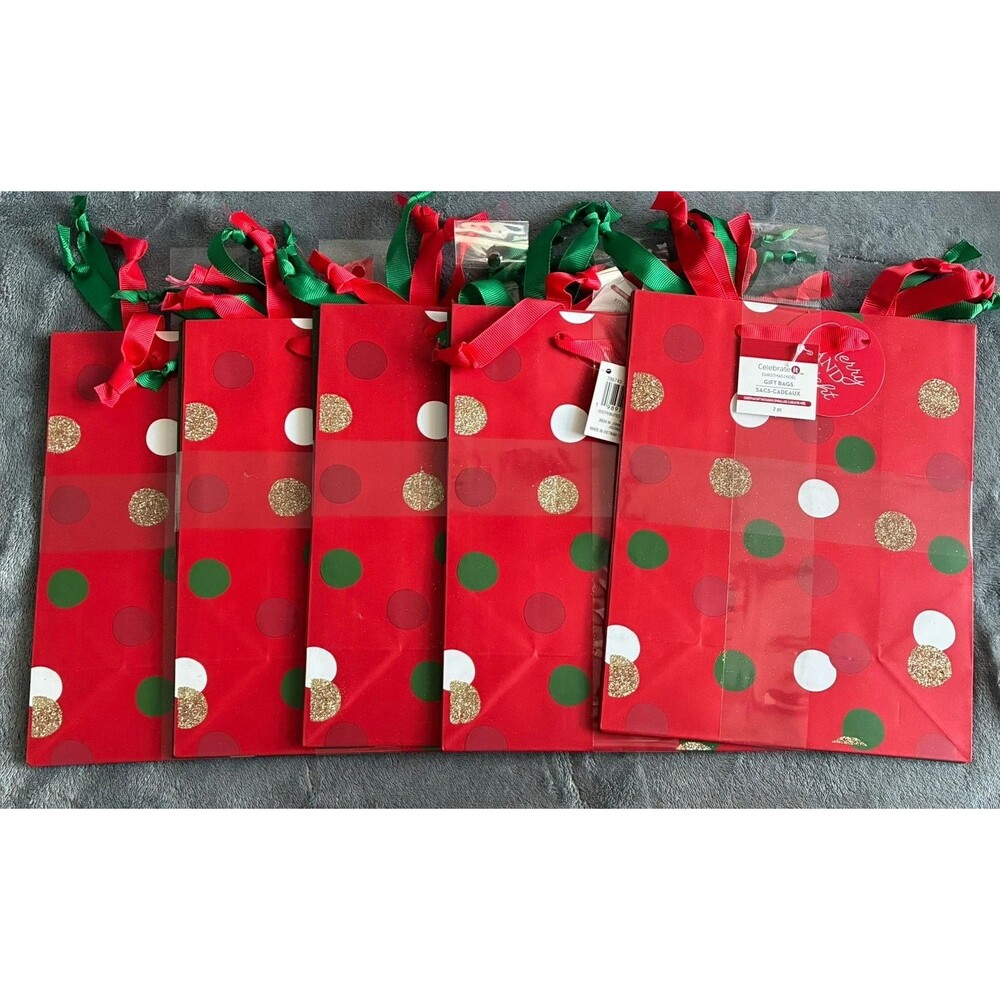 Set of 10 Christmas Gift Bags Red Green Polka Dot Holiday Bags 9.5”